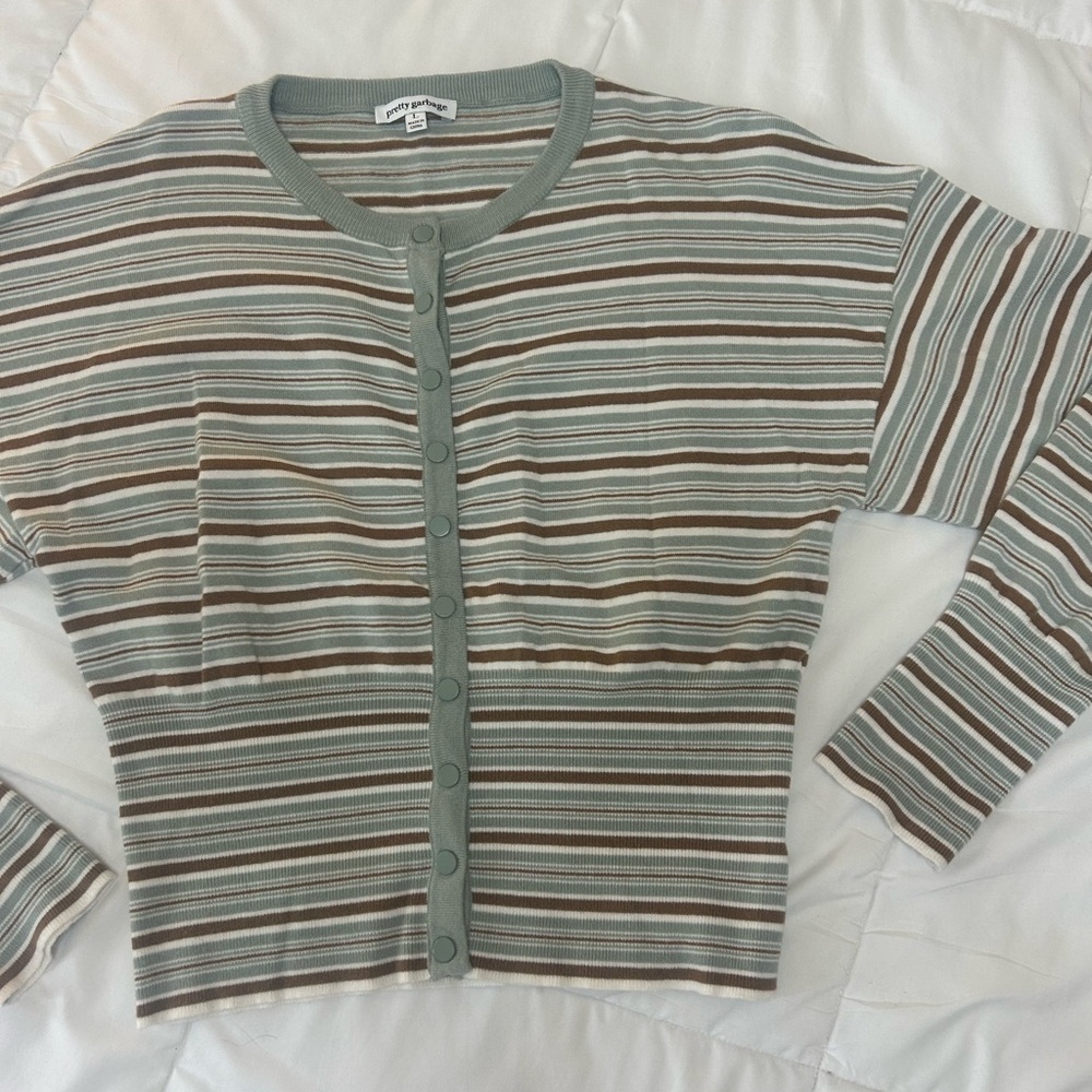 Striped Button-Up Crop Cardigan in Sage and Brown